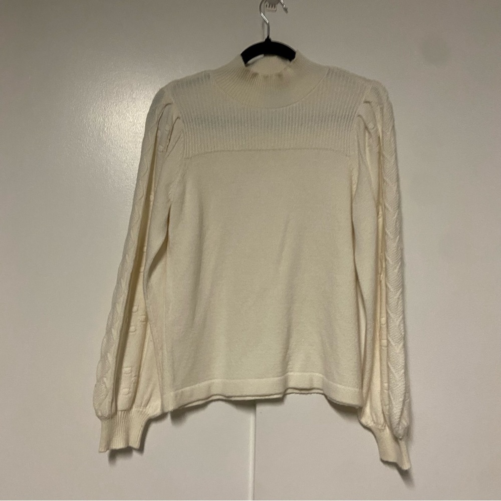 CeCe Ivory Cable Knit Puff Sleeve High Neck Sweater Size Small